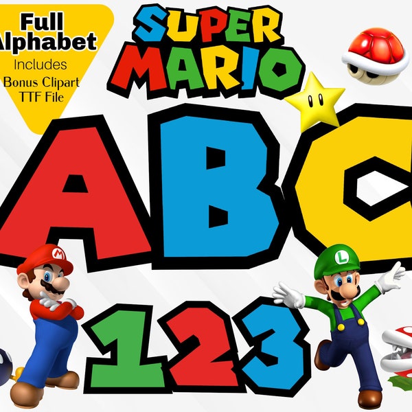 Mario Alphabet, Mario Font, Mario PNG Clipart, Mario Numbers Letters Invitations Birthday shirt, Super Mario clipart