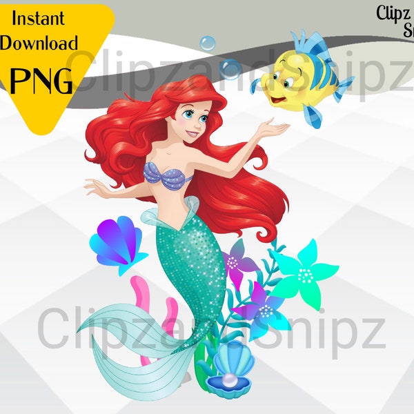 Ariel PNG Clipart Little Mermaid Instant Digital Download for iron on or print Flounder