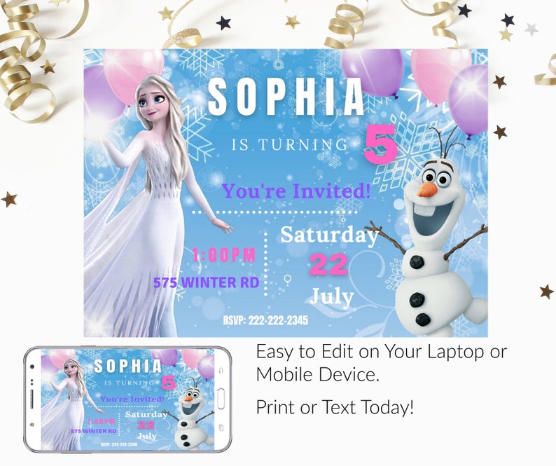 Frozen Editable Digital Birthday Invitation Download Elsa Olaf Invite Template for Print or Text 5x7 Princess Olaf Elsa