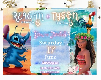 Sibling Birthday Invitation, Moana Editable Invitation, Stitch Birthday Invitation for Print or Text 5x7 Double theme twin sibling Birthday