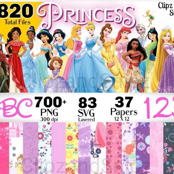 Princess Clipart SVG PNG Digital Paper Instant Download Cinderella Tiana Raya Belle Frozen Tangled Mermaid Printables Cricut Cut