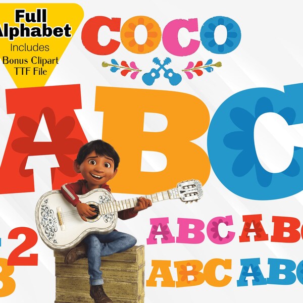 Coco Schrift, Coco PNG Alphabet, Coco PNG Clipart, Coco Buchstaben, Coco Geburtstag Zahlen, Coco PNG Schriftart, Coco Ttf Schriftdatei, farbige Buchstaben