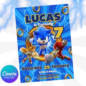 Sonic Birthday Invitation, Editable Sonic Birthday Invitation, Sonic the Hedgehog Movie Invite, Sonic Video Game Party, Tails Birthday