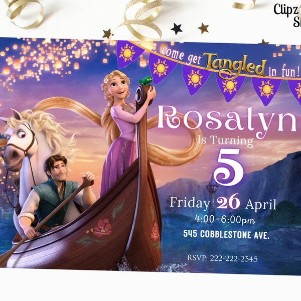 Tangled Digital Birthday Invitation, Rapunzel Lanterns Editable Invitation Download for Print or Text 5x7, Girl Birthday Party Invite