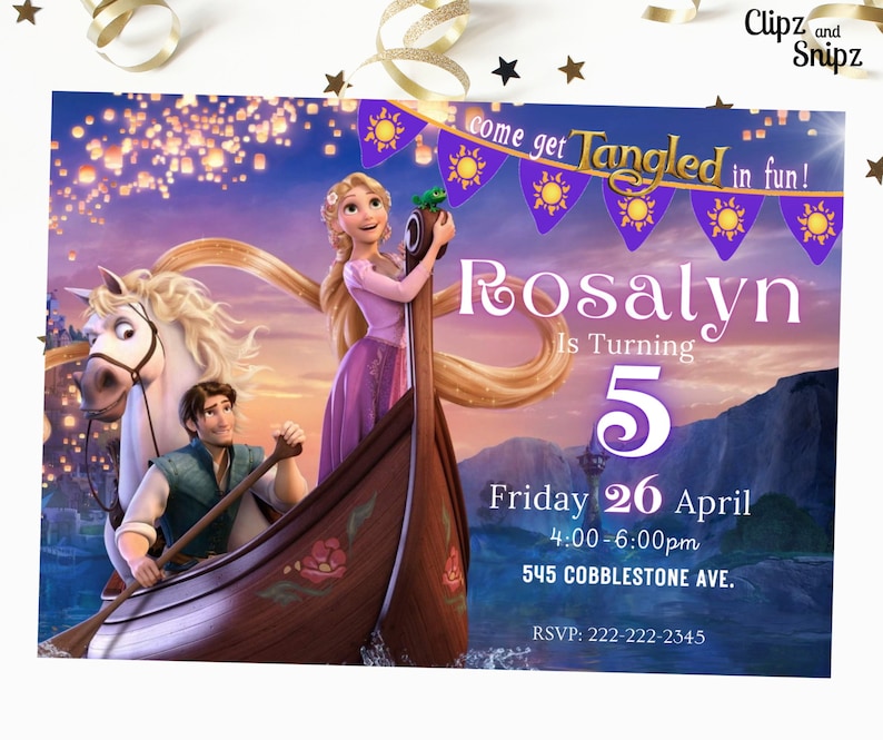 Tangled Digital Birthday Invitation, Rapunzel Lanterns Editable Invitation Download for Print or Text 5x7, Girl Birthday Party Invite image 1