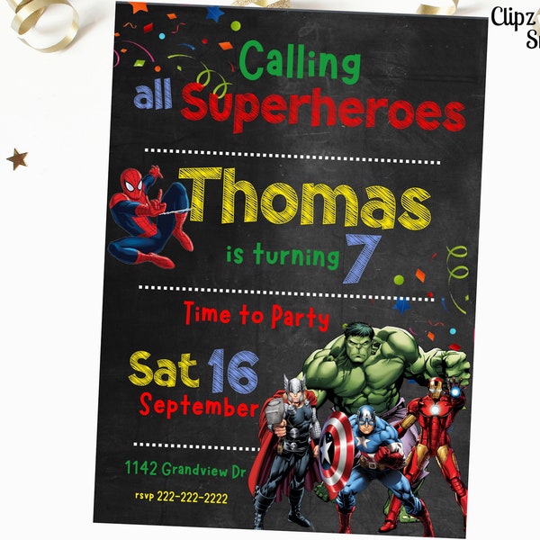 Superhero Birthday Invitation, Editable Super hero Birthday Party Template, Super hero invitation, Avengers Party Invitation, Spiderman