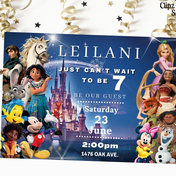 Anniversaire modifiable Invitation numérique Télécharger pour impression ou texte 5 x 7 Mickey Encanto Tangled Castle Olaf Minnie Raiponce Moana