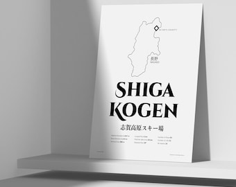 Shiga Kogen, Nagano, Japan, Ski, Snowboard, Printed Map Poster