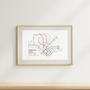 Könnte beinhalten: Gerahmter Druck der U-Bahn-Karte von Singapur. Die Karte zeigt farbige Linien, die verschiedene Zugstrecken darstellen, mit dem Namen der Stadt unten links. Der Druck befindet sich in einem hellen Holzrahmen und wird auf einer hellen Oberfläche angezeigt.