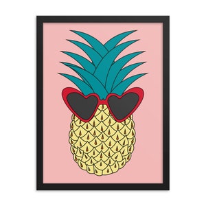 May include: A yellow pineapple with a green leafy top and red heart-shaped sunglasses on a pink background.