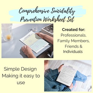 Pode incluir: Um conjunto de folhas de trabalho imprimíveis projetadas para ajudar a prevenir a suicidalidade. As folhas de trabalho são intituladas "Identificar os gatilhos" e "Crie seu plano de segurança". O texto "Conjunto completo de folhas de trabalho de prevenção da suicidalidade" é exibido em uma caixa azul claro sobre um fundo amarelo. O texto "Criado para: Profissionais, Membros da família, Amigos e Indivíduos" é exibido em uma caixa branca sobre um fundo azul. O texto "Design simples que facilita o uso" é exibido em uma caixa branca sobre um fundo amarelo.