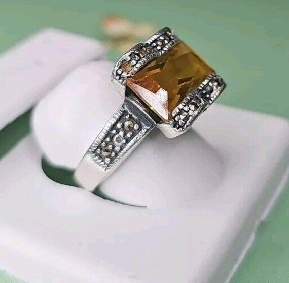 Yellow Rectangle Stone ring silver 925 HEART - image 3