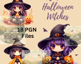 Bruja de Halloween Kawaii PNG: 18 archivos de arte digital (300 DPI)