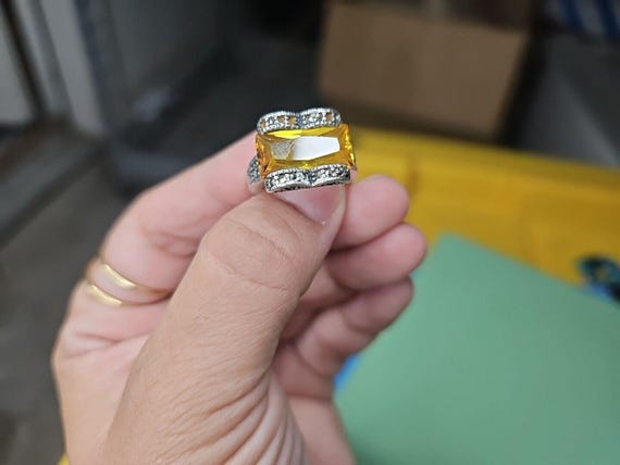 Yellow Rectangle Stone ring silver 925 HEART - image 6