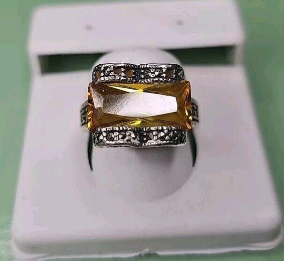 Yellow Rectangle Stone ring silver 925 HEART - image 2
