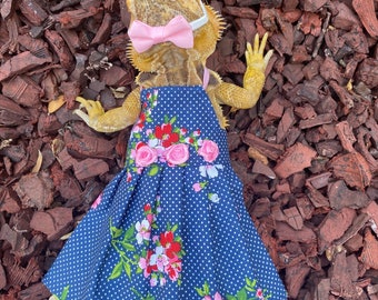 Peut inclure: Un dragon barbu portant une robe à pois bleus et blancs avec des fleurs roses et un nœud papillon rose. Le dragon est couché sur un lit de copeaux de bois brun.