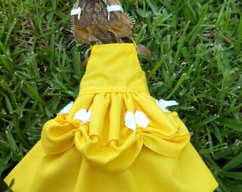 Puede incluir: Un vestido amarillo con detalles blancos, usado por un dragón barbudo. El vestido tiene una falda con volantes y un corpiño ajustado.