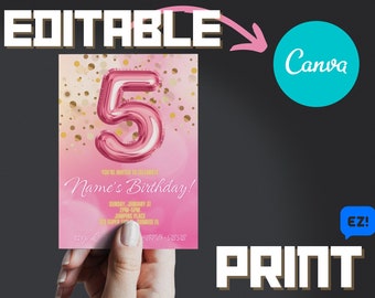 Customizable Pink Foil Balloon 5th Birthday Invitation Template - Editable Canva Design - Instant Download - Printable