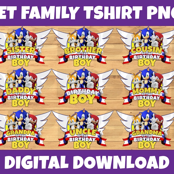 Sonic the Hedgehog Family Shirt Set - Modèle numérique pour Cricut et PNG - Parfait pour la fête active du garçon d’anniversaire