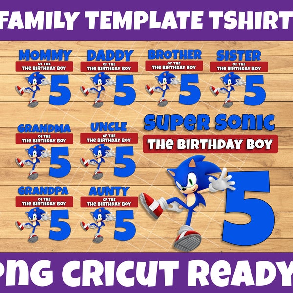 Sonic Hedgehog Set Chemise de famille Anniversaire Garçon Modèle numérique Cricut png