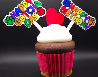 Pet Birthday Cake Topper | Happy Gotcha Day Cupcake Picks | 3D Printed Dog & Cat Party Decor | Rescue Pet Adoption Gift