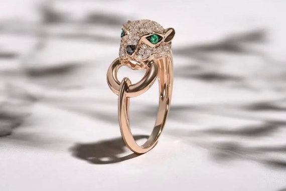 Leopard Natural Diamond Cocktail Ring Leopard Gold Ring 14k