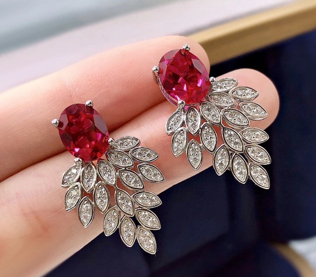 Lab Diamond and Ruby Earrings for Women Diamond Earrings - Etsy