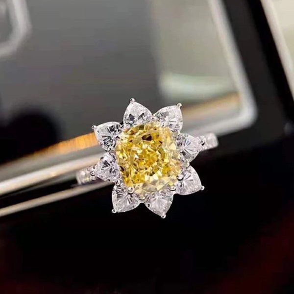 Sparkly yellow flower diamond ring, flower ring, yellow diamond rings, diamond rings, lab created diamond rings, rings for women