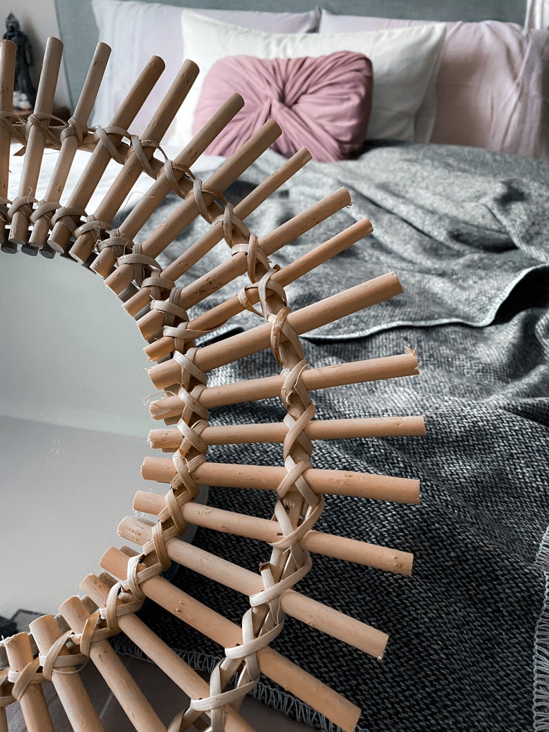 Wicker Rattan Round Mirror Sunburst Wall Bohemian Decor Etsy