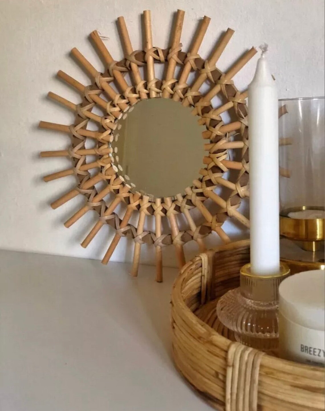 Wicker Rattan Round Mirror Sunburst Wall Bohemian Decor Etsy