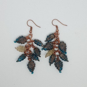 May include: A pair of dangle earrings with a copper wire design and blue and white glass leaf charms.