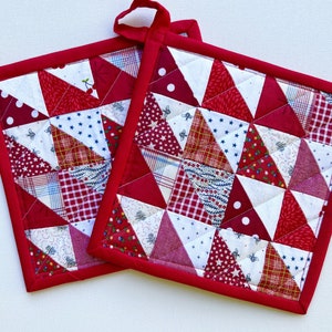 Set of Two Quilted Patchwork Potholder Red