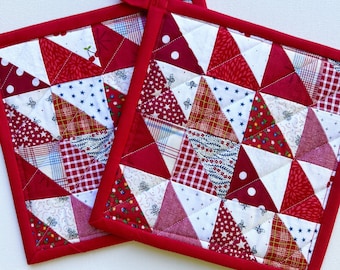 Set of Two Quilted Patchwork Potholder Red