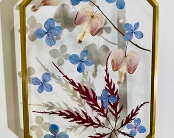 Pressed Flower Sun Catcher, Bleeding Heart, Japanese Maple, Brass Frame