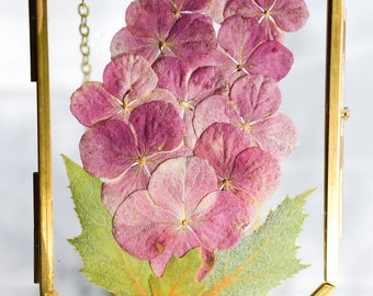 Dried Pink Hydrangea Sun Catcher, Brass Frame Floral Art