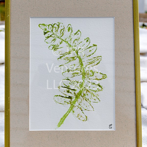 Wide Toothed Fern Art, Table Top Display, Gold Rectangular Frame 9X7, Tastefully Matted in Double Pane Glass, Tataki Zome