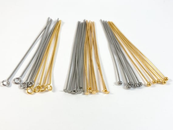 50mm Jewelry Pins, Flat Head, Ball Head and Eye Pins, Stainless Steel and  18k Gold Plated Jewelry Supplies, Crafting Supplies 