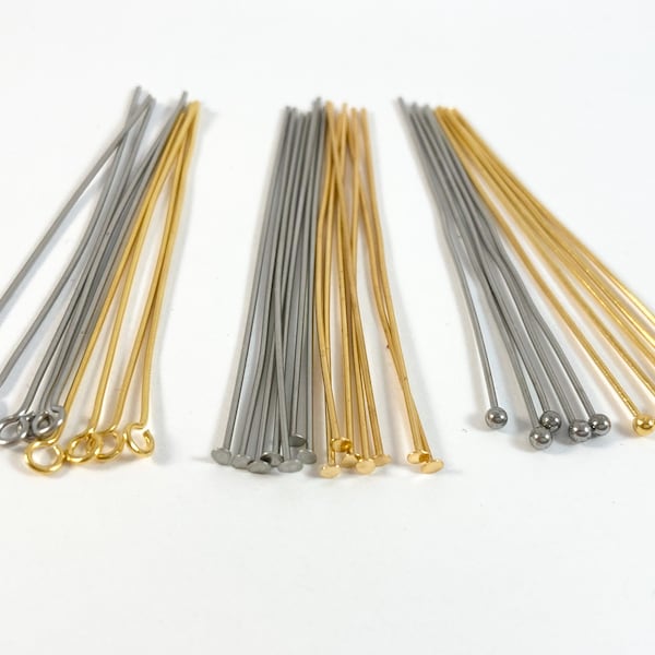 50mm flat head pins, ball head pins and eye pins, stainless steel jewelry pins and 18k gold plated jewelry supplies, crafting supplies