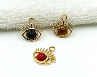 14k Gold Plated Evil Eye Charm: Stainless Steel Gemstone Pendant