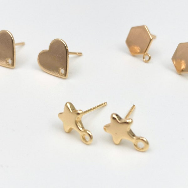 Earring posts, heart earring posts, star earring posts, hexagon earring studs, 14k gold plated brass, jewelry supplies