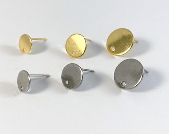 Gold Plated Brass Earring Posts: Flat Disc with Hole, 316L Steel (8-12mm)