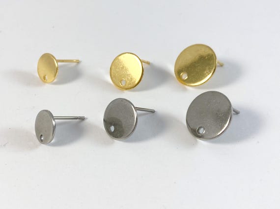 Gold Plated Brass Earring Posts: Flat Disc with Hole, 316L Steel (8-12mm)