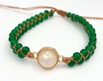 Green jade opal stone woven bracelets, healing crystal stress anxiety relief natural stone bracelets, friendship gifts