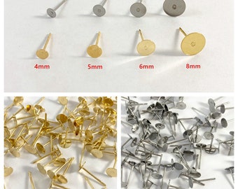 Hypoallergenic stainless steel earring posts, flat and blank earring posts, earring backs, 3mm 4mm 5mm 6mm 8mm, gold plated earring findings