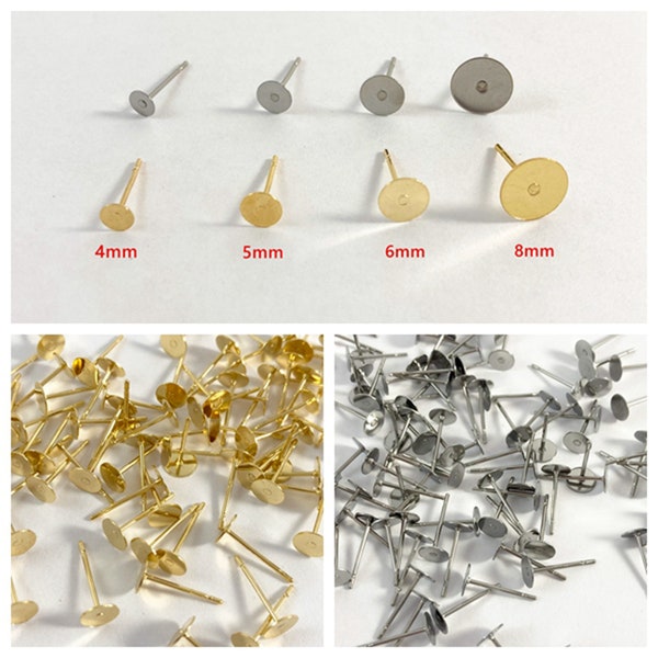 Hypoallergenic stainless steel earring posts, flat and blank earring posts, earring backs, 3mm 4mm 5mm 6mm 8mm, gold plated earring findings