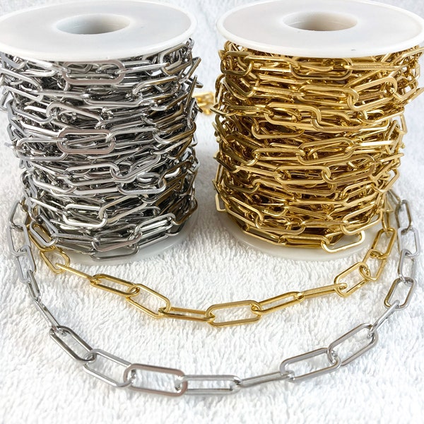 large chunky paper clip chain with open and flat links, stainless steel skinny oval links chain, jewelry supplies