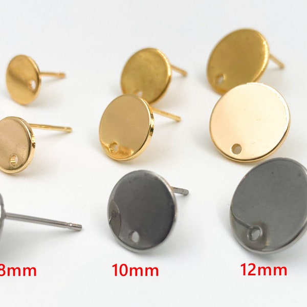 Flat and round earring posts with hanging loop hole, 8mm 10mm 12mm, gold plated brass, hypoallergenic 316L stainless steel, earring findings