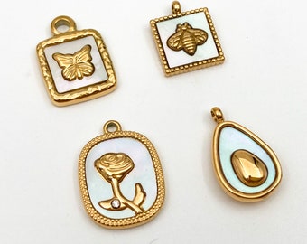 18k Gold Plated Shell Charms: Stainless Steel Butterfly, Bee, Rose, Avocado Pendants