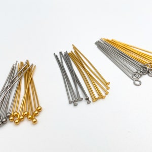 30mm Stainless Steel Jewelry Pins, Gold Plated Ball, Flat, Eye Head Pins