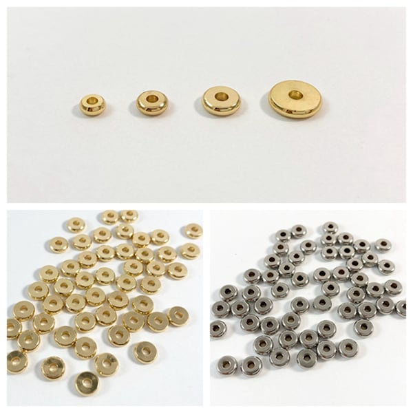 Heishi beads, spacer beads, block beads, gold plated brass, stainless steel, rondelle beads, donuts beads, round discs, jewelry supplies